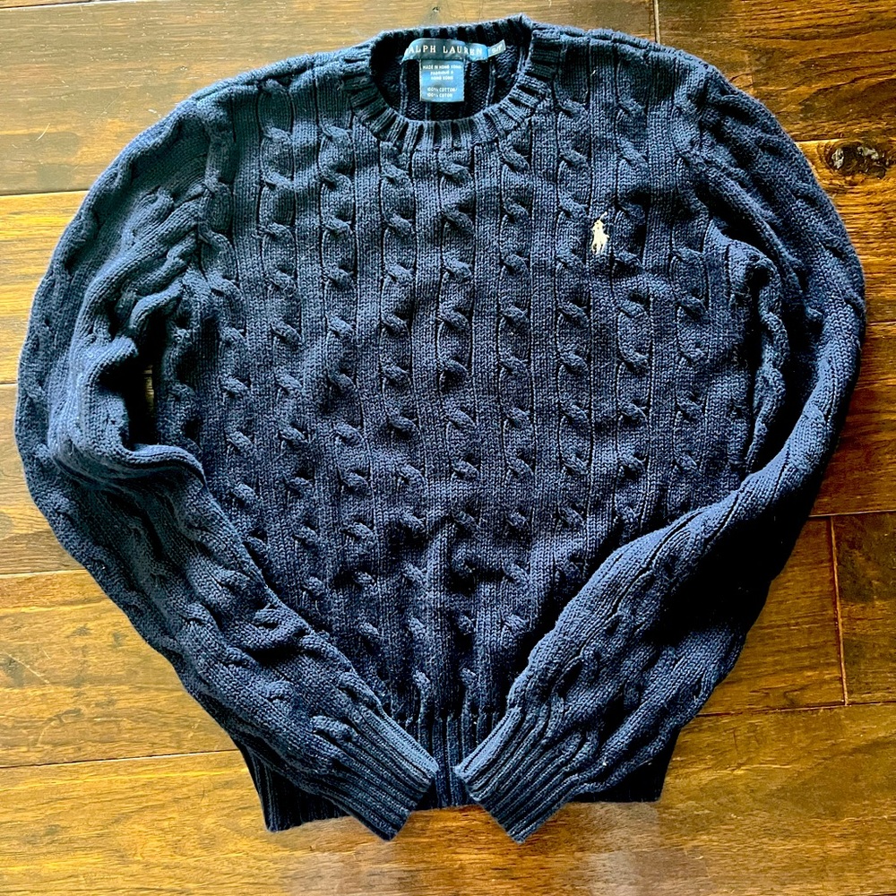 Ralph Lauren Cable Knit Sweater Navy with White Pony Size Boys Small